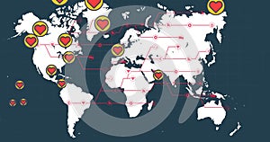 Multiple heart icons over world map against blue background