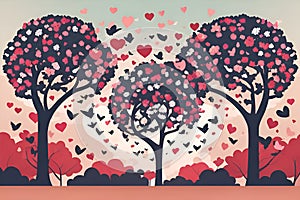 Multiple heart-shaped floral trees, birds flying around the trees together, love scene, romantic athmosphere