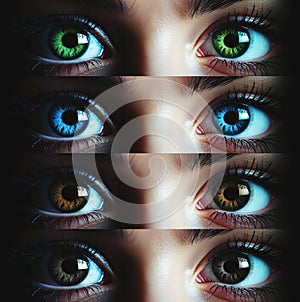 Multiple. Heterochromia. Brown, Blue, Green, Hazel, Gray, Amber. close-up macro photography. Human eye. Woman, female