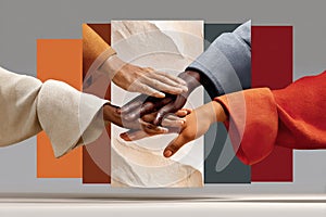 Group of hands united in a diverse collaborative visual composition