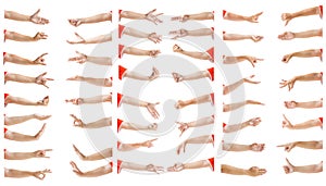 A multiple image set of caucasian asian female hand gestures isolated over white background. Carefully cutout by pen tool and photo