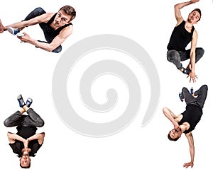Multiple image of young man break dancing