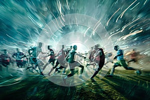 Multiple individuals energetically running in an open field, A dynamic composition showcasing the fast-paced movement and energy