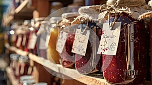 Multiple jars containing various liquids are neatly arranged on a shelf