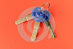 Multiple keys on red background. Security concept