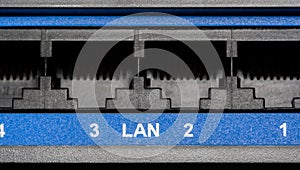 Multiple LAN switch router RJ-45 Ethernet ports internet connection sockets object detail, extreme closeup, nobody, no people