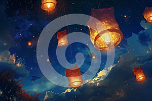 Multiple lanterns glowing as they float in the night sky, Lanterns glowing against the night sky
