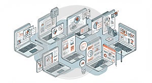 Multiple laptops display charts and graphs, emphasizing data analysis and digital