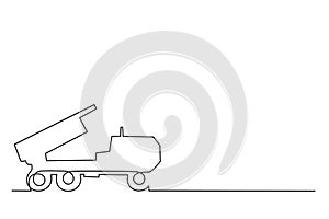 Multiple launch rocket system HIMARS,one line art.Military combat vehicle firing rockets and shells,continuous contour.War