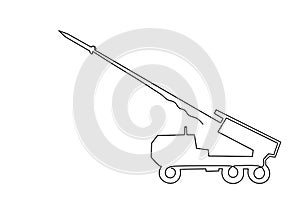 Multiple launch rocket system HIMARS,one line art.Military combat vehicle firing rockets and shells,continuous contour.War