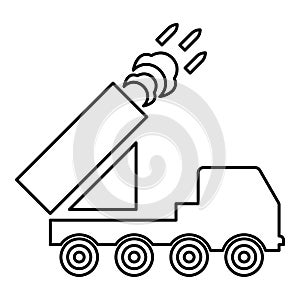 Multiple launch volley reactive rocket system fire shoots missiles contour outline line icon black color vector illustration