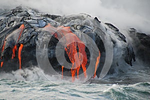 Multiple Lava Flows, Ocean, Steam, close up photo