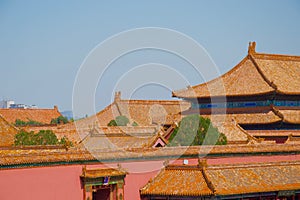 Multiple layered traditional orange chinese tiled roofs Forbidden City, Beijing