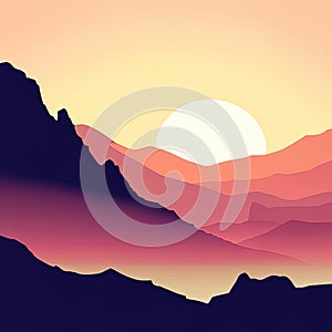 Multiple layers of silhouette mountains, with silhouette of sky, sharp edges, at sunset, with heavy fog in air, vector style, hori
