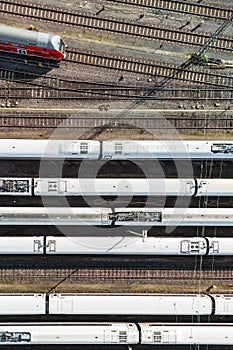 Multiple locomotives stationary on train tracks surrounded by parallel tracks: Frankfurt, Germany