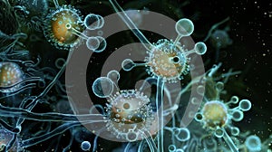 Multiple macrophages working together to phagocytose a large foreign particle such as a virus or fungal spore photo