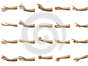 Multiple of man`s hand gesture isolated on white background. Carefully cut out by pen tool and insert a clipping path