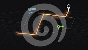 Multiple markers indicating various routes, including the shortest path option. Isometric city map with designated photo
