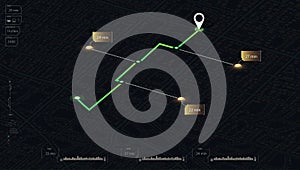 Multiple markers indicating various routes, including the shortest path option. Isometric city map with designated photo