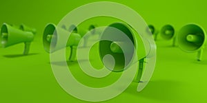 Multiple megaphones in grid on green background, Sustainability concept