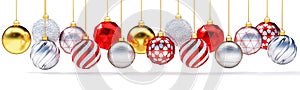 Multiple metallic christmas balls isolated on white background.