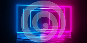 Multiple modern futuristic abstract blue, red and pink neon glowing light rectangles frames rotated in dark room background with