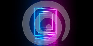 Multiple modern futuristic abstract blue, red and pink neon glowing light squares frames rotated in dark room background with