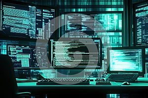 Multiple Monitors Displaying Complex Code: Software Development, Programming, Coding, Web Development, Technology,