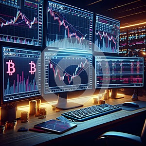 Multiple Monitors Displaying Cryptocurrency Trading Charts and Bitcoin Symbols