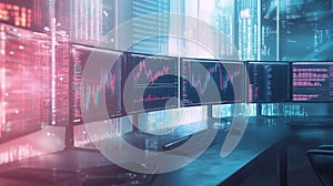 Multiple monitors displaying financial data and charts on a desk