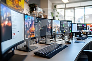 multiple monitors setup in modern office