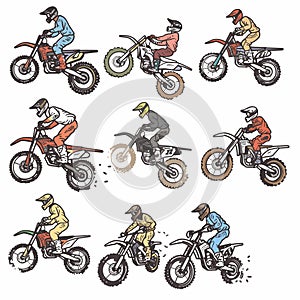 Multiple motorcyclists riding dirt bikes, skillful offroad biking, motocross riders action