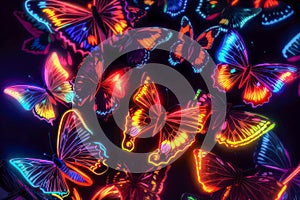 Multiple Neon butterflies on black background, neon glowing colors, beautiful colors, butterfly