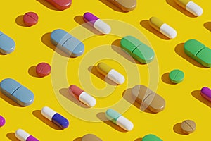 Multiple nutrients arranged on a yellow background, 3d photo