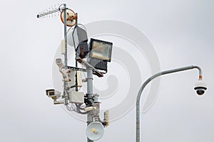 Multiple outdoor CCTV security cameras attached the light pole