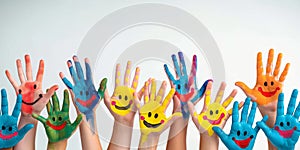Multiple painted hands with smiles