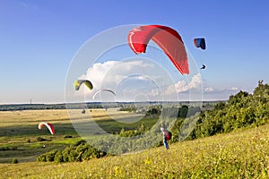 Multiple paragliders soar in the air