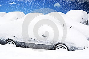 Multiple parked cars covered by snow during a snowstorm