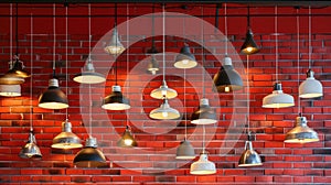 Multiple pendant lamps set against a rustic red brick wall for a chic look, Ai Generated