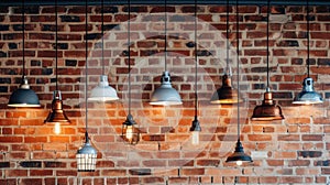 Multiple pendant lamps set against a rustic red brick wall for a chic look, Ai Generated