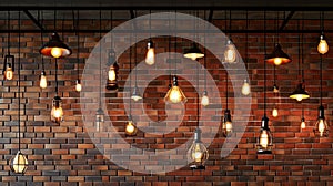 Multiple pendant lamps set against a rustic red brick wall for a chic look, Ai Generated