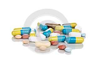 Multiple pills tablet, caplet, capsule. Medication for various disease photo