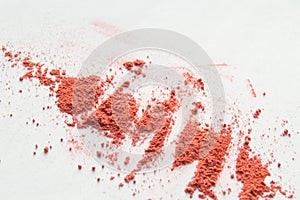 Multiple pink powder for the face, eyeshadow on white background, Decorative cosmetics for makeup