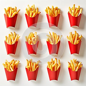 Multiple portions of French fries in red cardboard packages, on white background. Production of potato snacks. Generative AI