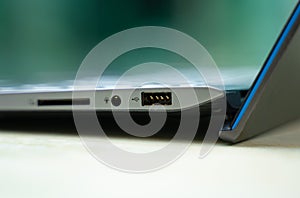 Multiple ports on a laptop. side view