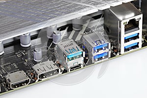 Multiple ports on modern computer mainboard show with HDMI, Display port, USB 3.2 type A and type C, usb 3.1 and LAN