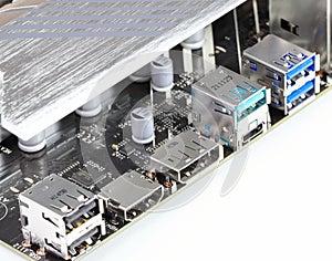 Multiple ports on modern computer mainboard show with USB 2.0, HDMI, Display port, USB 3.2 type A and type C, usb 3.1