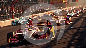 Multiple race cars in high speed riding on ace tracks with turbine on background, racers competing. Concept of