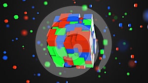 Multiple red, green and blue cubes. RGB color model or 3D model concepts, 3D rendering