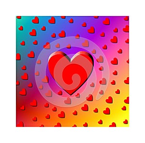 Multiple red hearts on a multi-coloured background.